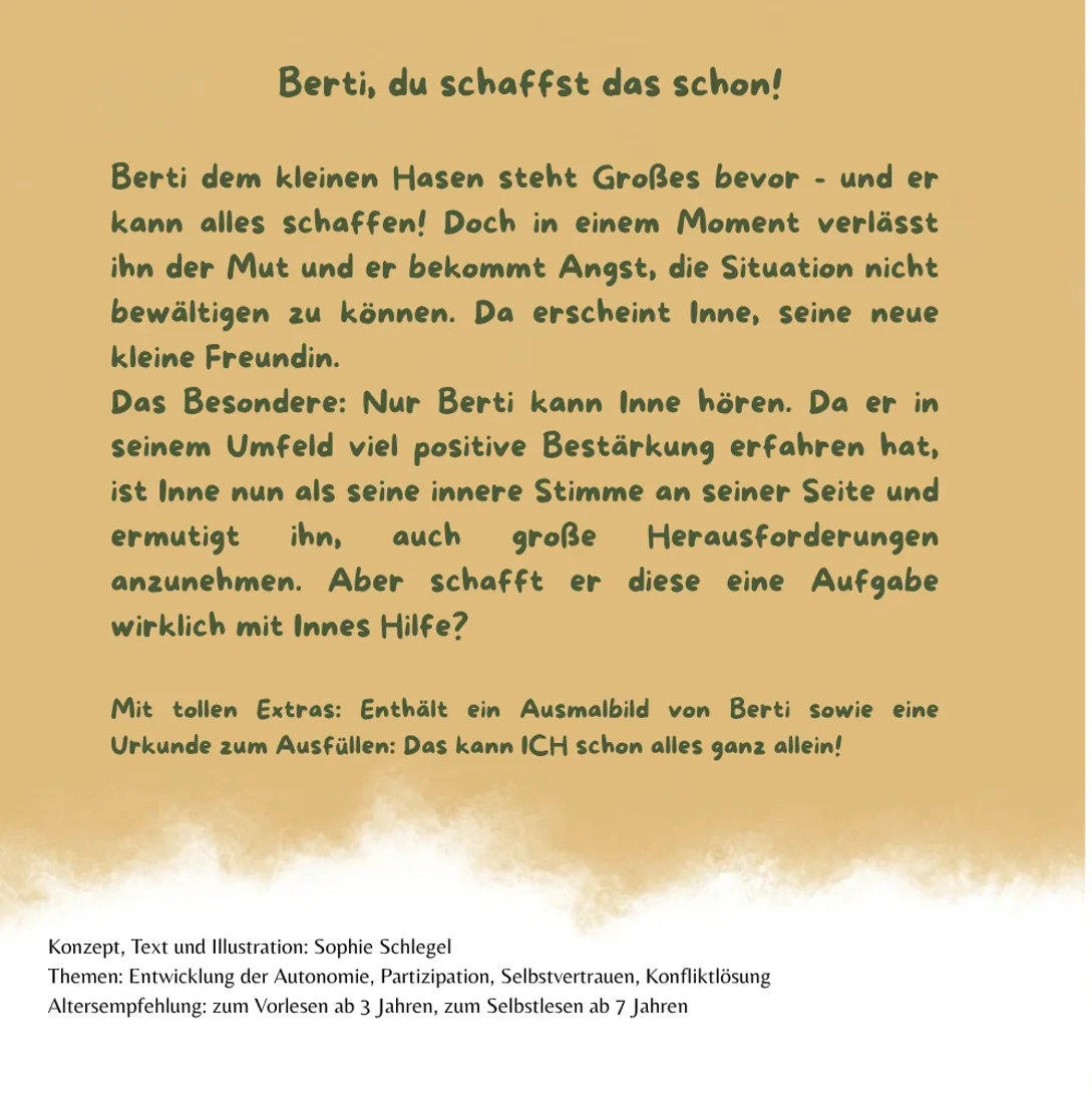 Rückseite des Buchs Berti, du schaffst das schon! mit Klappentext.