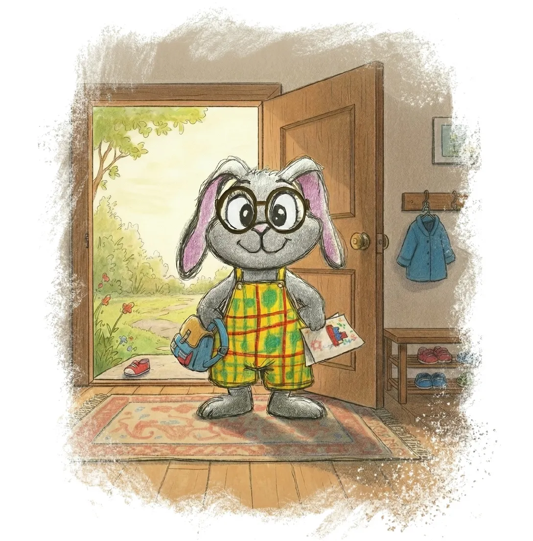 Seite 3: Illustration: Berti, ein kleiner grauer Hase mit Brille und karierter Latzhose, steht lächelnd in der offenen Haustür.