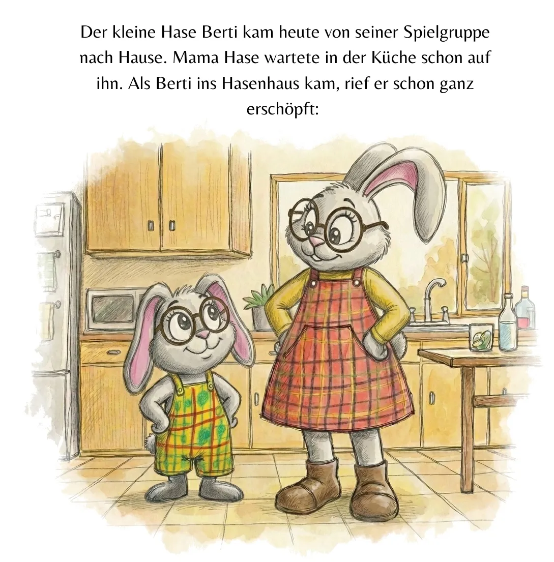 Seite 4: Der kleine Hase Berti kam heute von seiner Spielgruppe nach Hause. Mama Hase wartete in der Küche schon auf ihn. Als Berti ins Hasenhaus kam, rief er schon ganz erschöpft: