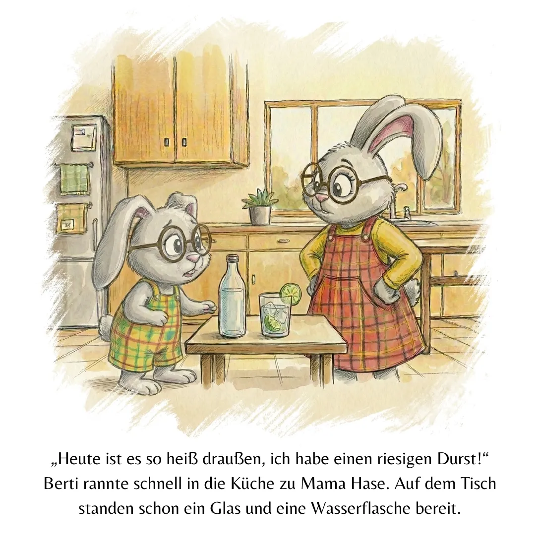 Seite 5: „Heute ist es so heiß draußen, ich habe einen riesigen Durst!“ Berti rannte schnell in die Küche zu Mama Hase. Auf dem Tisch standen schon ein Glas und eine Wasserflasche bereit.