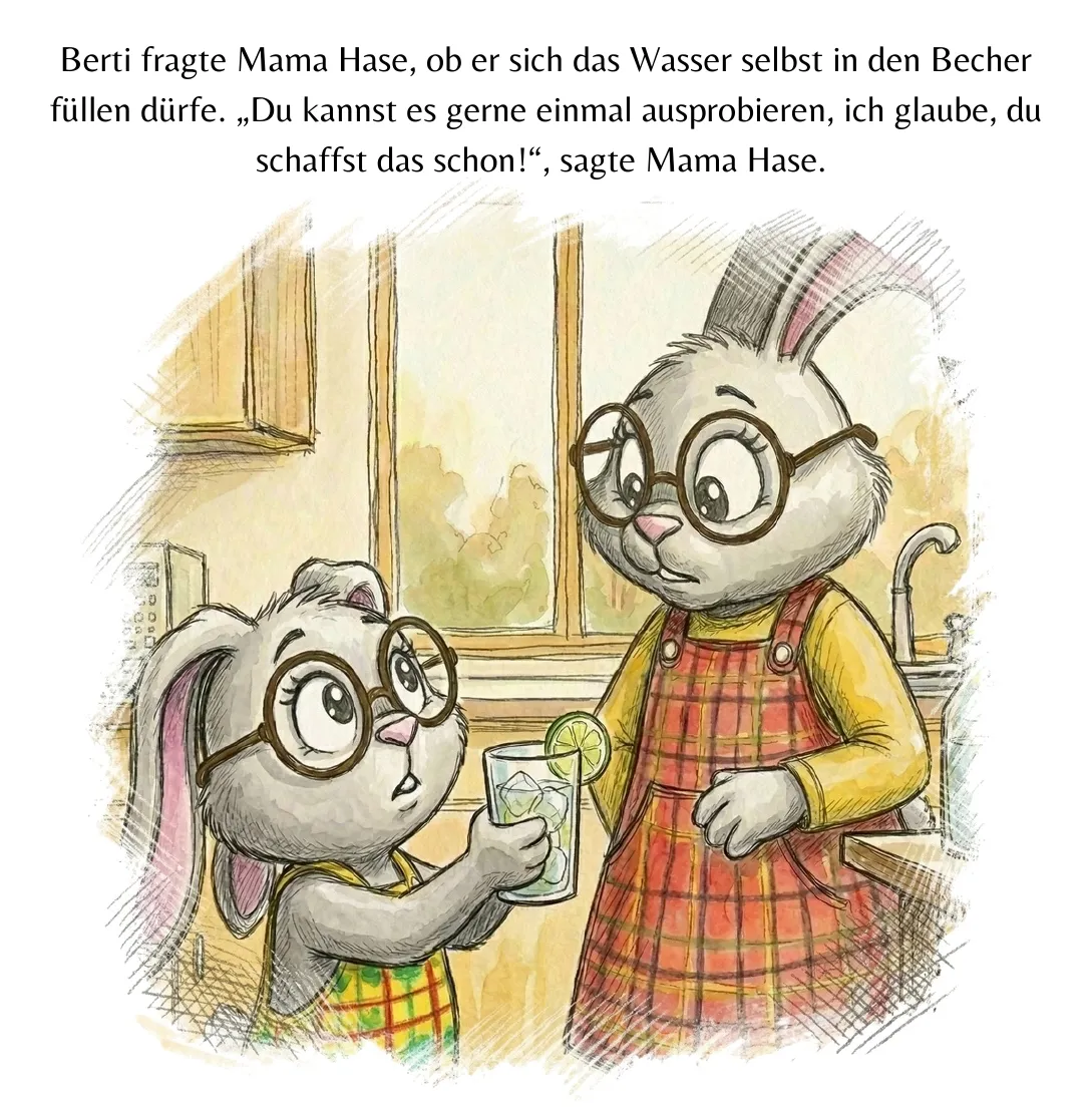 Seite 6: Berti fragte Mama Hase, ob er sich das Wasser selbst in den Becher füllen dürfe. „Du kannst es gerne einmal ausprobieren, ich glaube, du schaffst das schon!“, sagte Mama Hase.