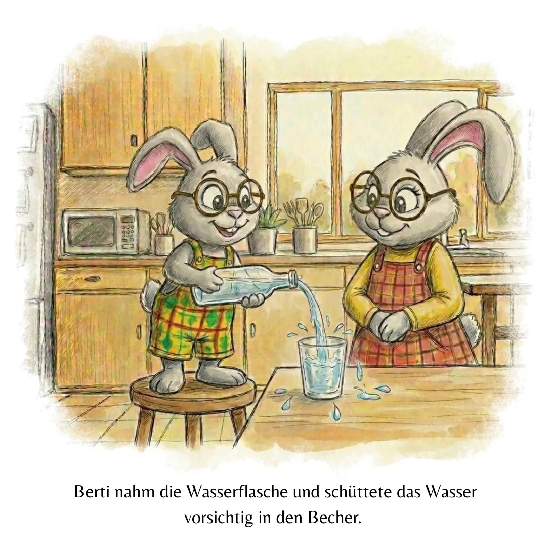 Seite 7: Berti nahm die Wasserflasche und schüttete das Wasser vorsichtig in den Becher.