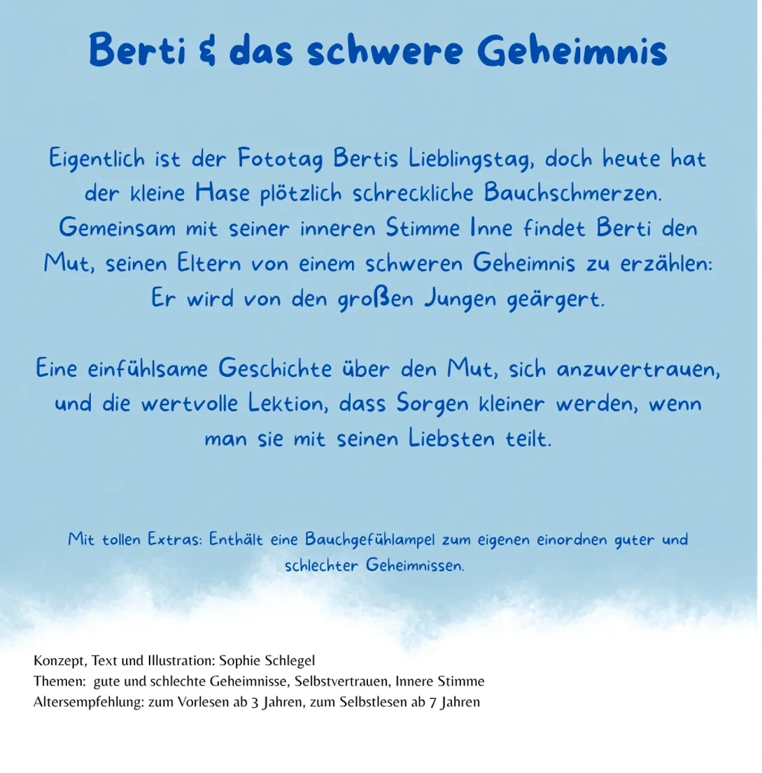 Rückseite des Buchs Berti & das schwere Geheimnis mit Klappentext.