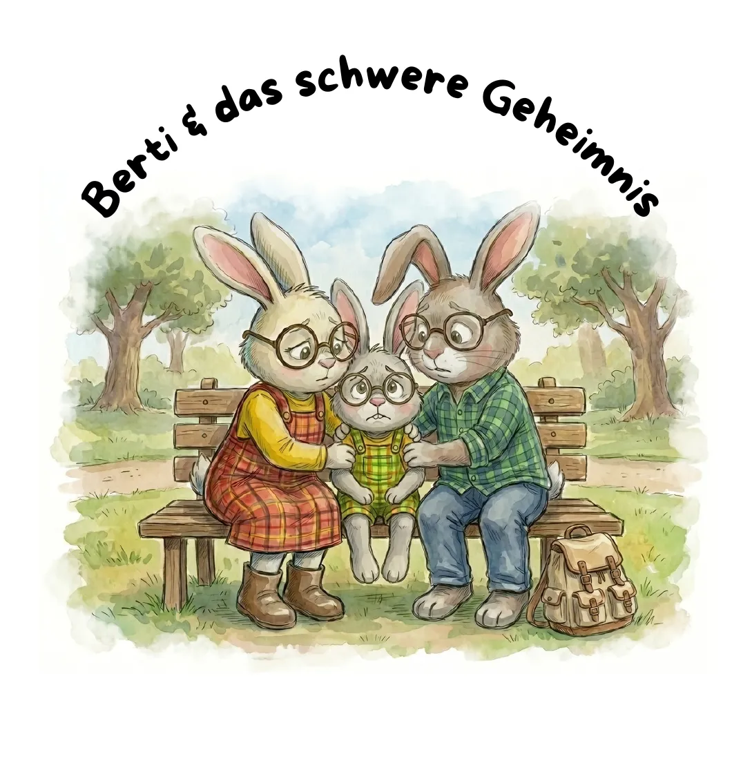 Seite 3: Titelseite „Berti & das schwere Geheimnis“: Berti sitzt zwischen Mama und Papa Hase auf einer Parkbank.