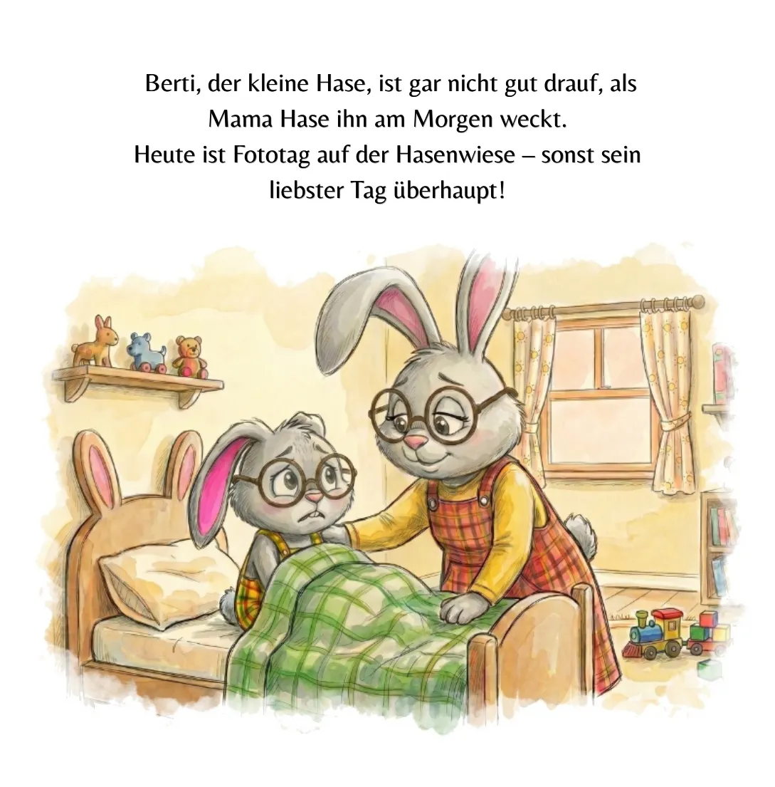 Seite 4: Berti, der kleine Hase, ist gar nicht gut drauf, als Mama Hase ihn am Morgen weckt. Heute ist Fototag auf der Hasenwiese – sonst sein liebster Tag überhaupt!