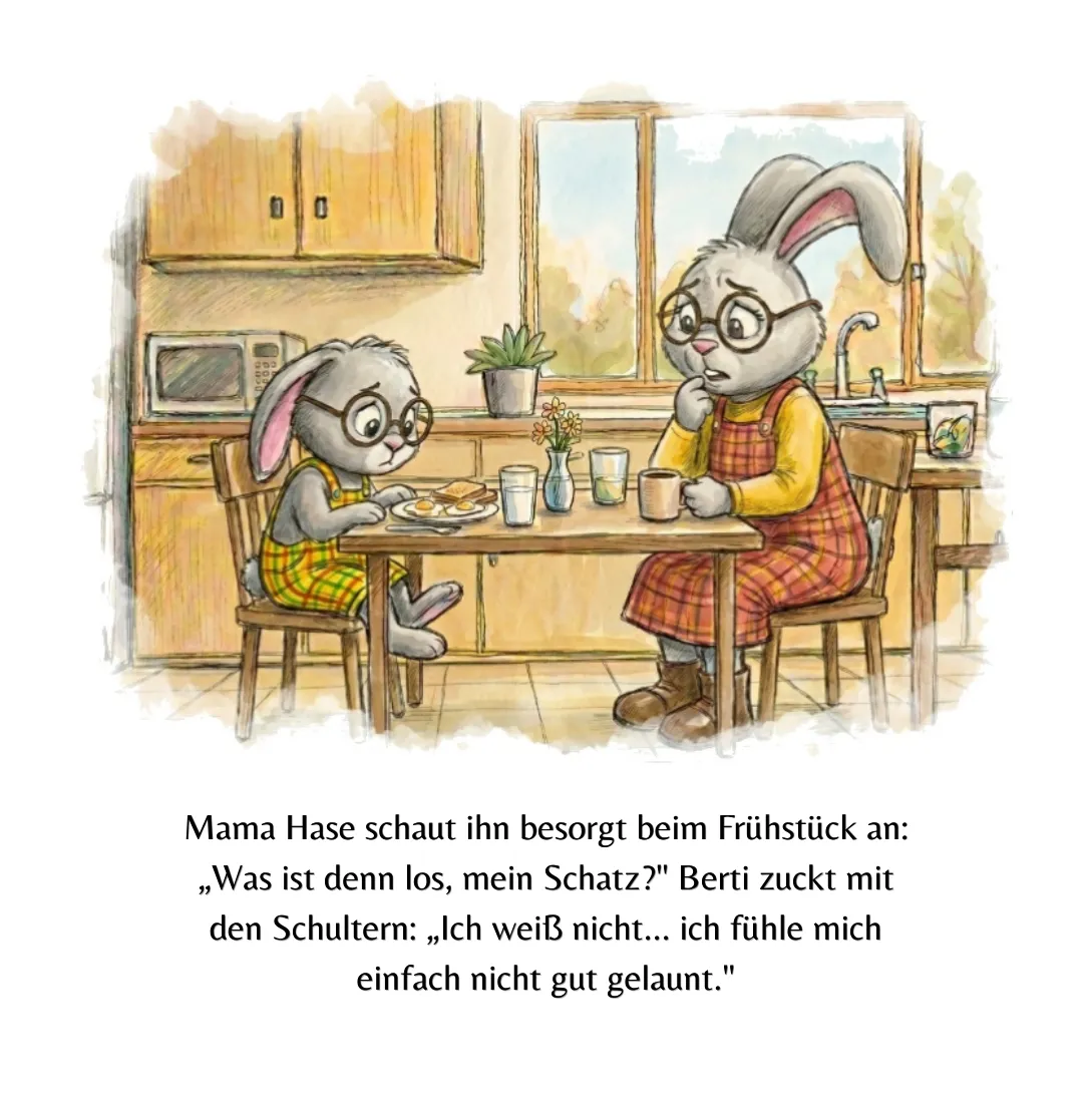 Seite 5: Mama Hase schaut ihn besorgt beim Frühstück an: „Was ist denn los, mein Schatz?“ Berti zuckt mit den Schultern: „Ich weiß nicht... ich fühle mich einfach nicht gut gelaunt.“