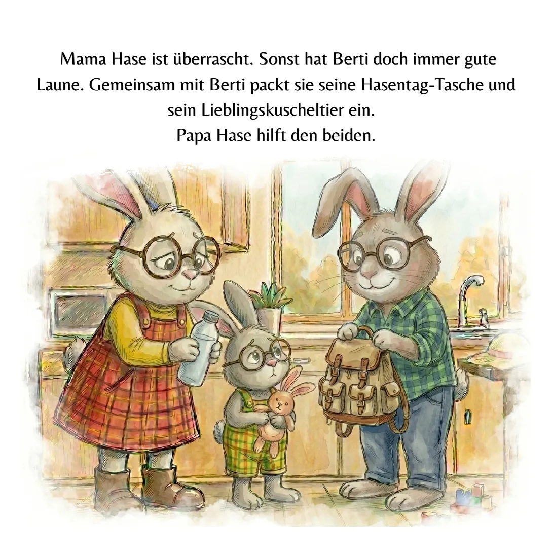 Seite 6: Mama Hase ist überrascht. Sonst hat Berti doch immer gute Laune. Gemeinsam mit Berti packt sie seine Hasentag-Tasche und sein Lieblingskuscheltier ein. Papa Hase hilft den beiden.