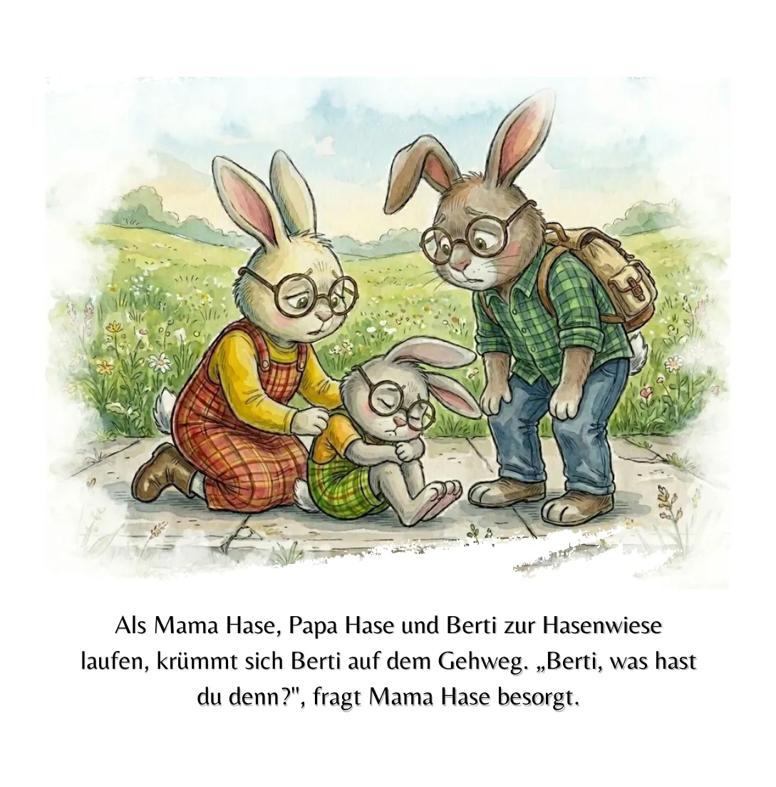 Seite 7: Als Mama Hase, Papa Hase und Berti zur Hasenwiese laufen, krümmt sich Berti auf dem Gehweg. „Berti, was hast du denn?“, fragt Mama Hase besorgt.
